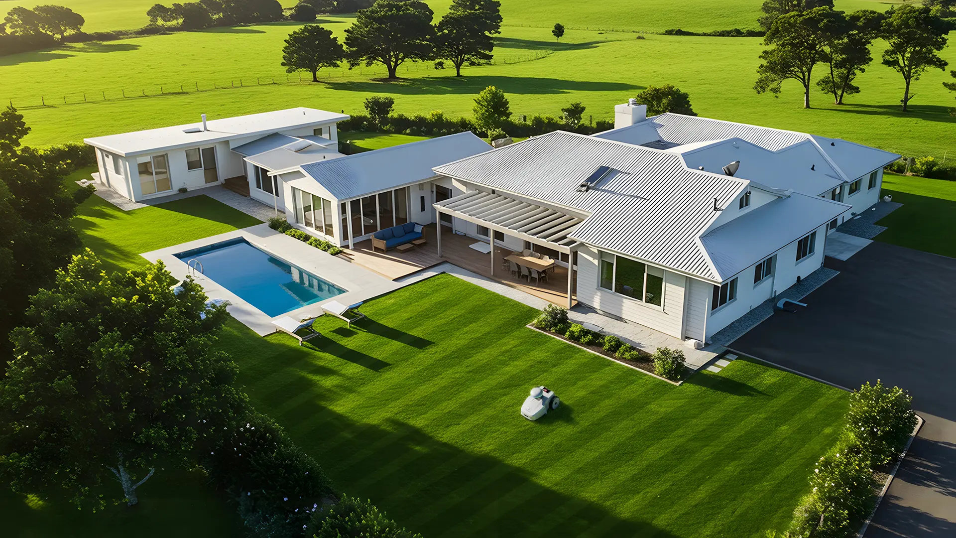 Aerial view of a large lawn cut in crisp presentation stripes by an FJ Dynamics robotic mower
