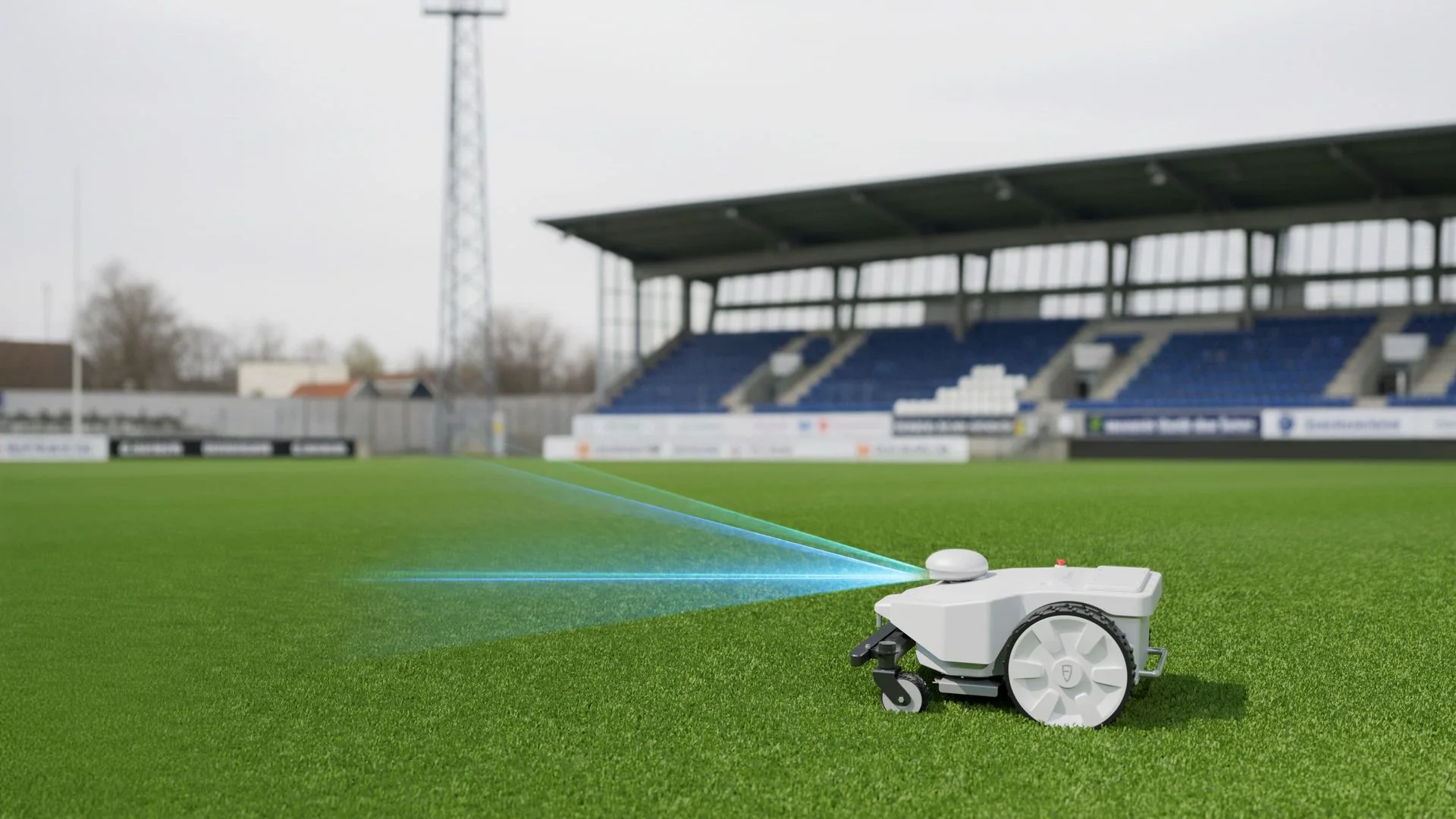 FJD FRX robotic mower on a stadium sports pitch