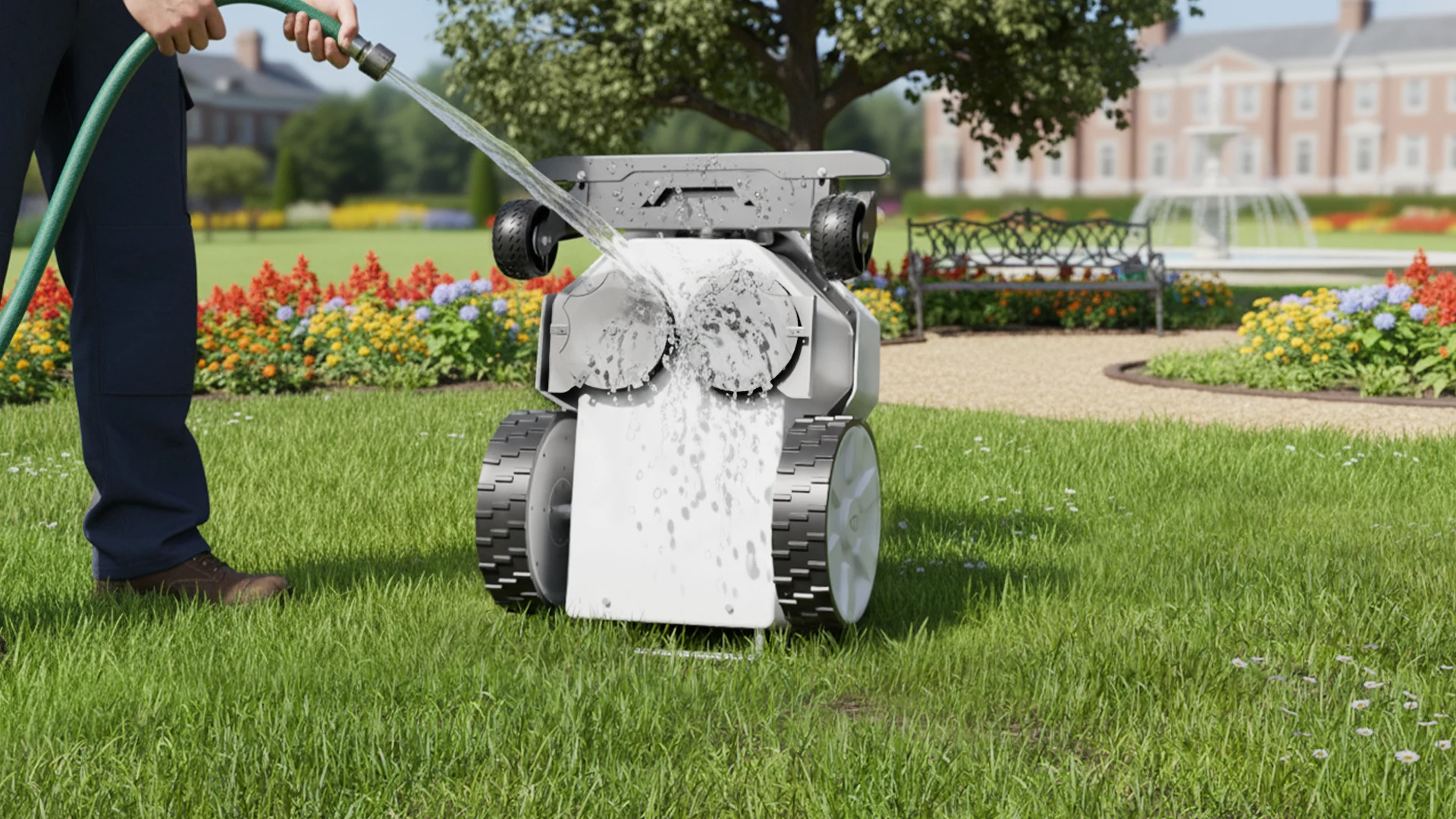 FJD FRX being hosed down after mowing, demonstrating its IPX5 rating