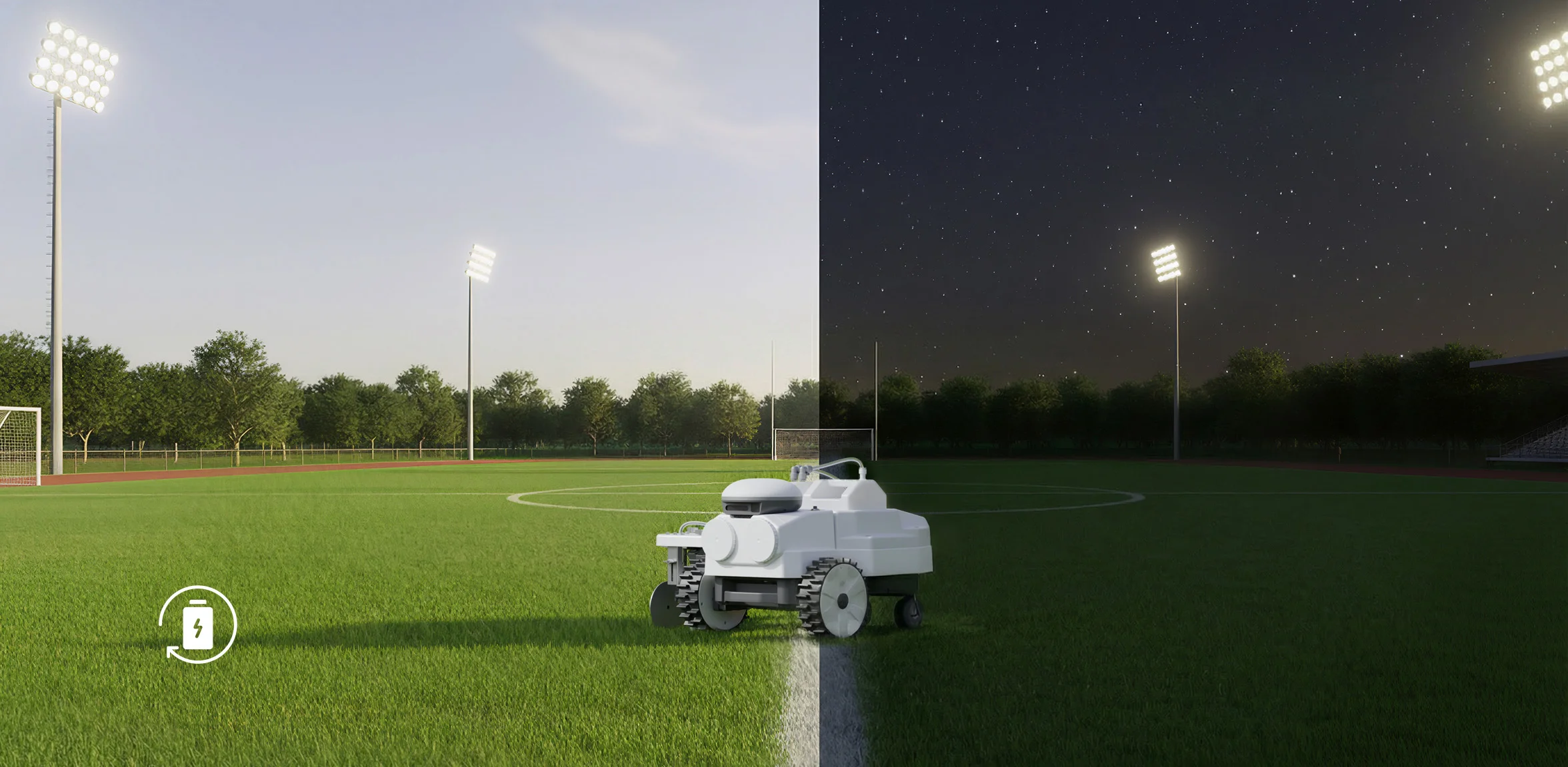 FJD PaintMaster line-marking robot painting a floodlit pitch at night