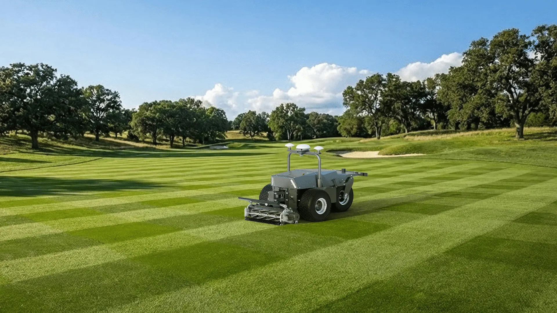 FJD RCM01 robotic reel mower striping a golf fairway