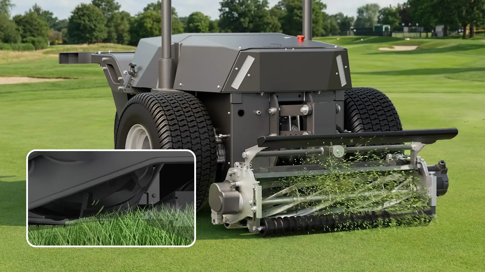 Close view of the FJD RCM01 8-blade reel cutting turf