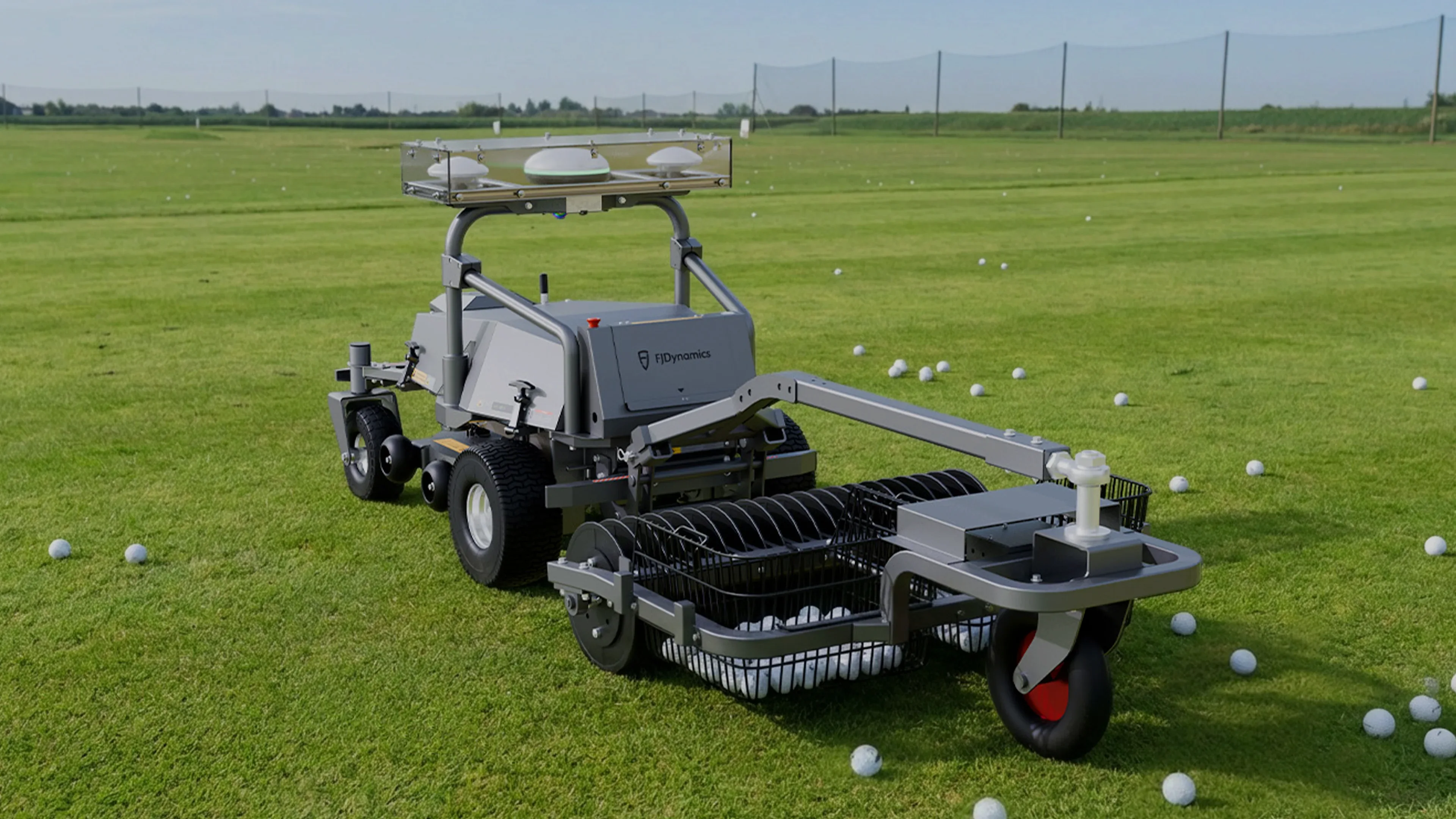 FJD RM21 with ball-collector attachment gathering balls on a driving range