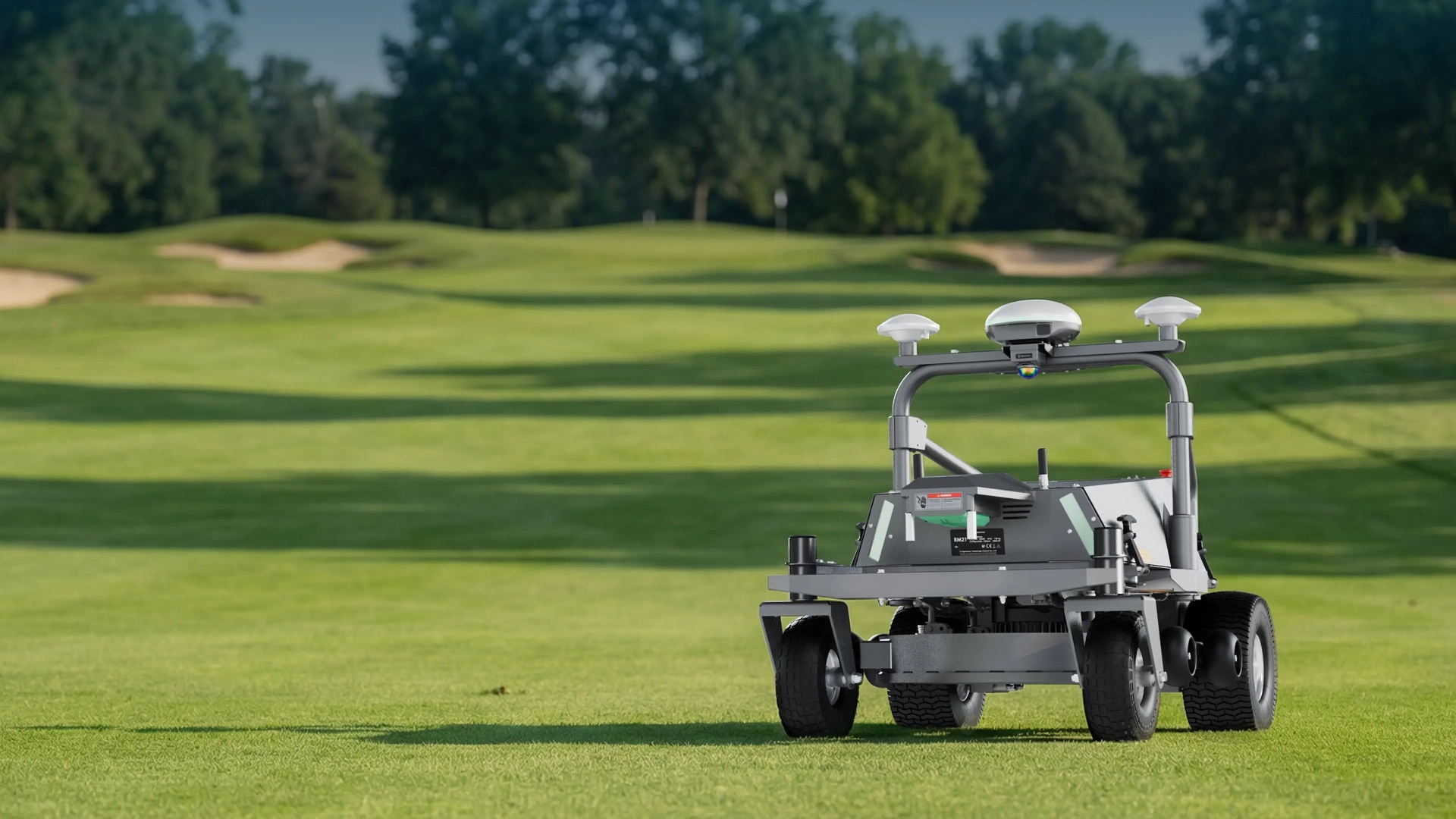 FJD RM21 robotic mower working a golf course