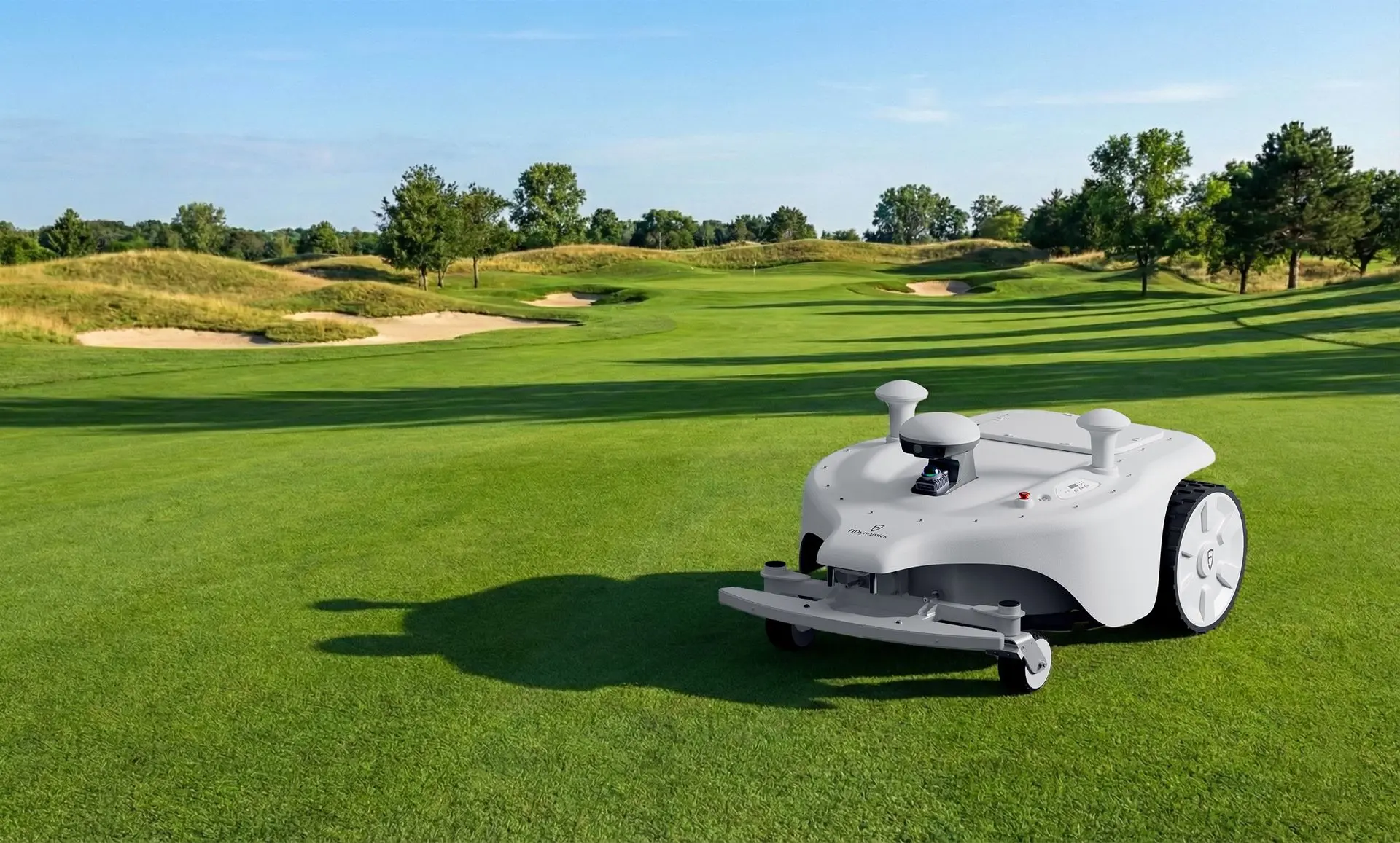 FJD Titan robotic mower on a wide golf fairway