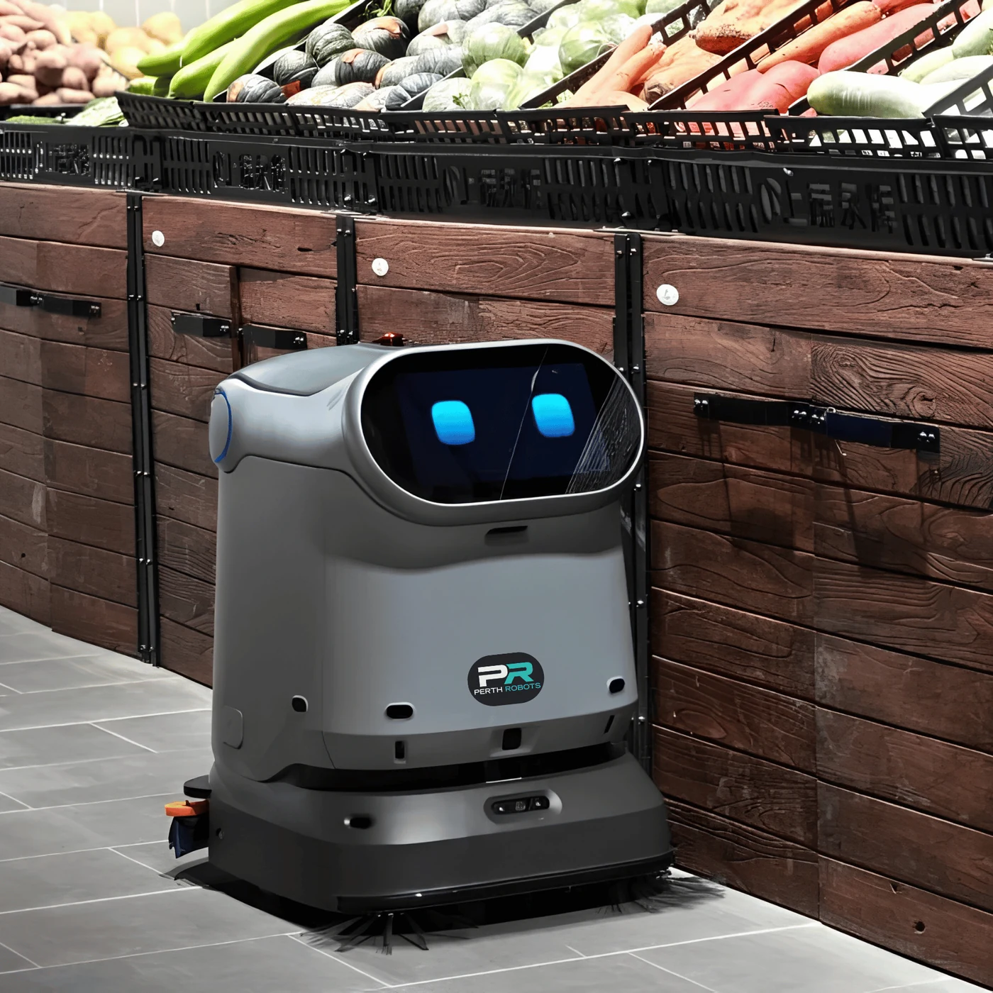 Autonomous sweeper working a supermarket produce aisle