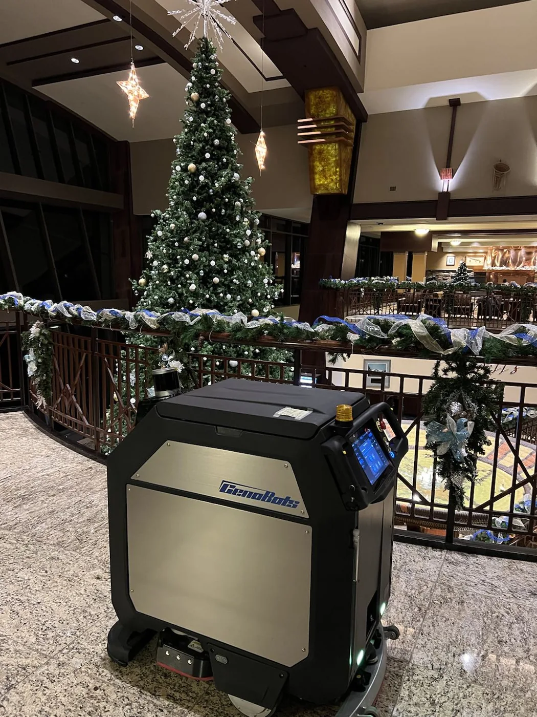 An autonomous L50 scrubber-dryer cleaning a building atrium