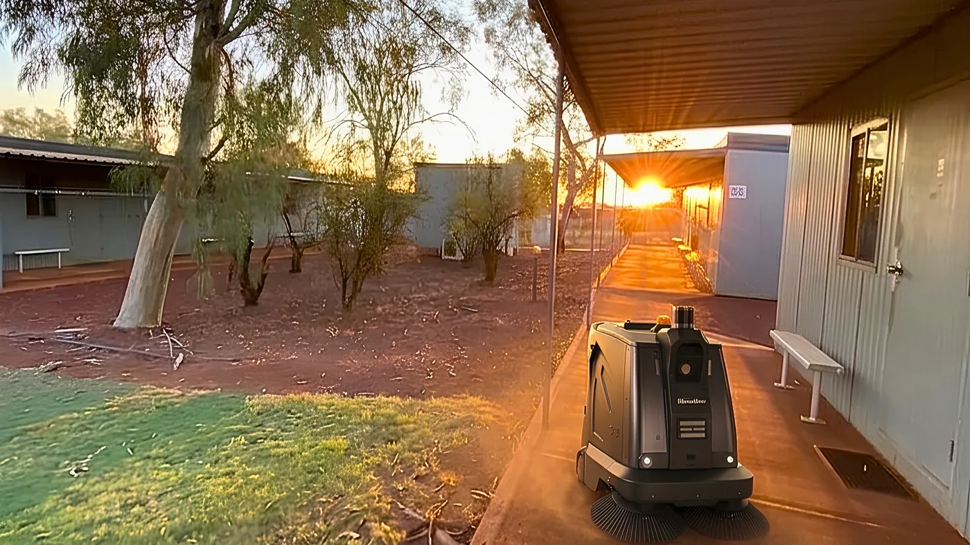 Cenobots S5 sweeper-scrubber at a regional WA mining camp — the kind of remote site Perth Robots services